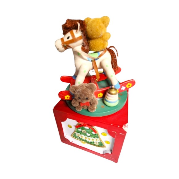 Vtg RARE Enesco Christmas Toy Music Box Rocking Horse 1985 "Toy Land" Works Spin - Picture 9 of 12
